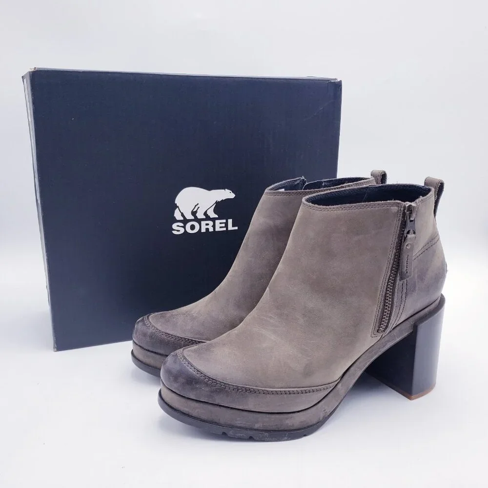 Sorel Blake Ankle Bootie‎ Platform Chunky Block Heel Side Zip Quarry Size 9.5